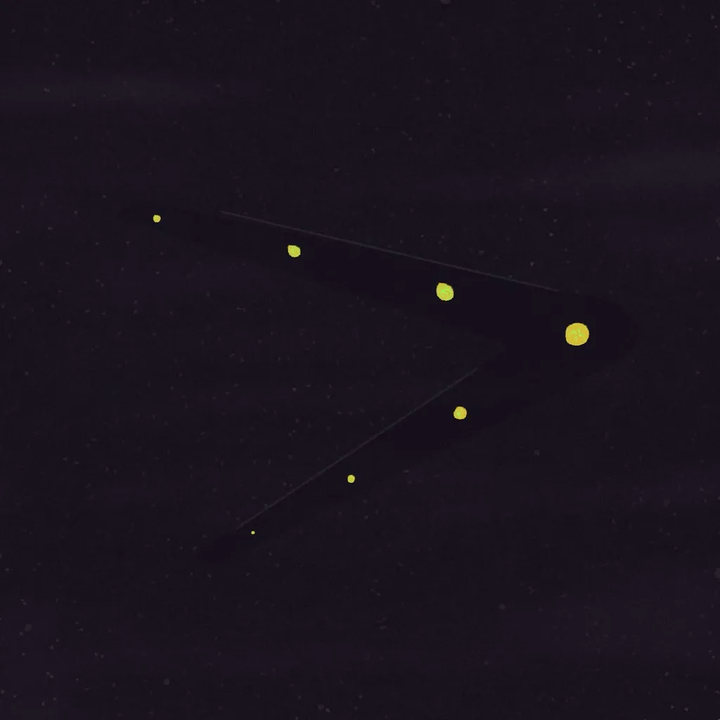 A dark background features two thin, angular yellow lines and a cluster of small, bright yellow dots arranged in a diagonal, chevron-like pattern.