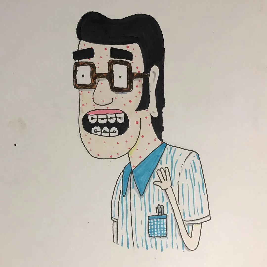 A cartoon man with black hair and glasses, featuring a wide smile and numerous reddish spots covering his face, neck, and blue striped shirt.