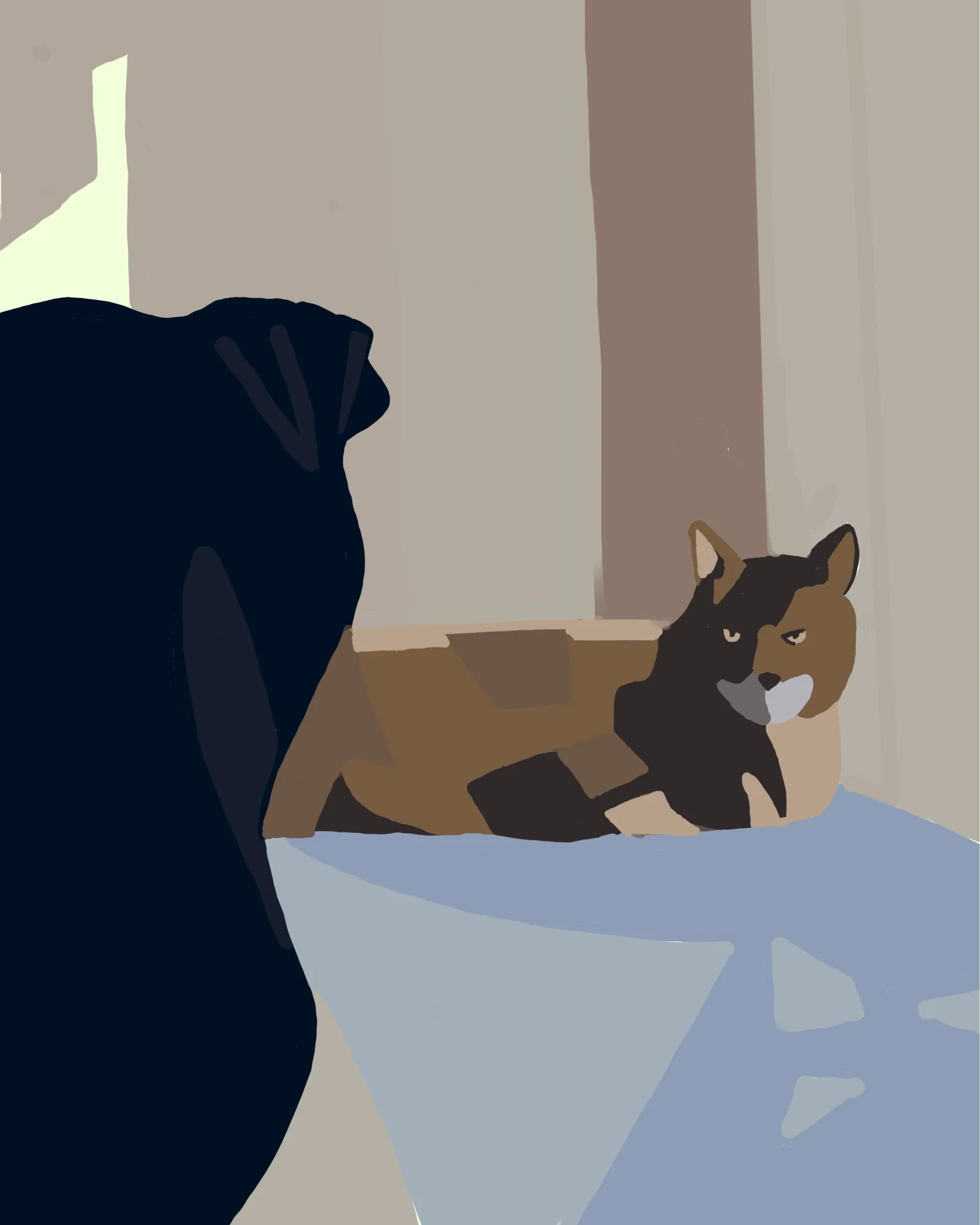 A dark silhouette of an animal dominates the left, contrasting with a smaller brown and black dog sitting on a light blue surface against a background of muted beige and tan blocks.