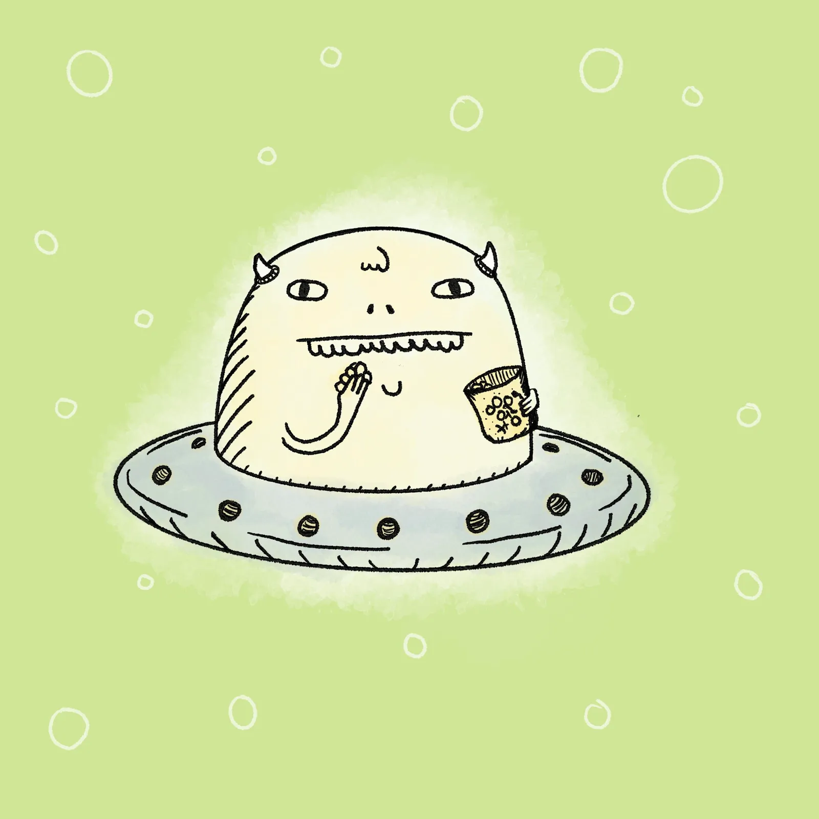 A pale, cartoon creature with horns and a wide smile sits on a saucer, holding a patterned cup and sticking out its tongue against a light green background dotted with white circles.
