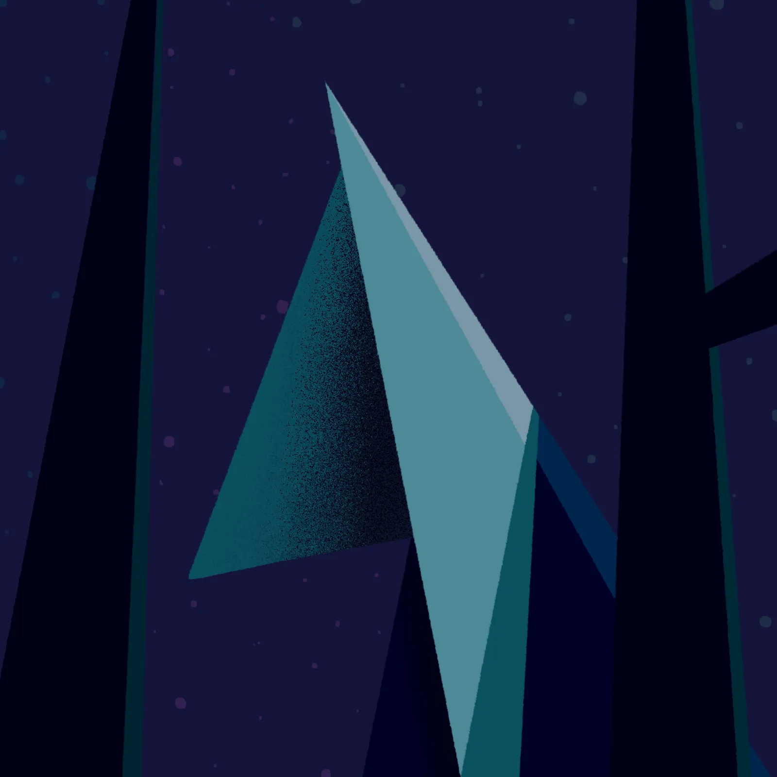 A geometric abstract composition featuring a textured teal triangle centered against a speckled dark blue background, flanked by dark vertical pillars.