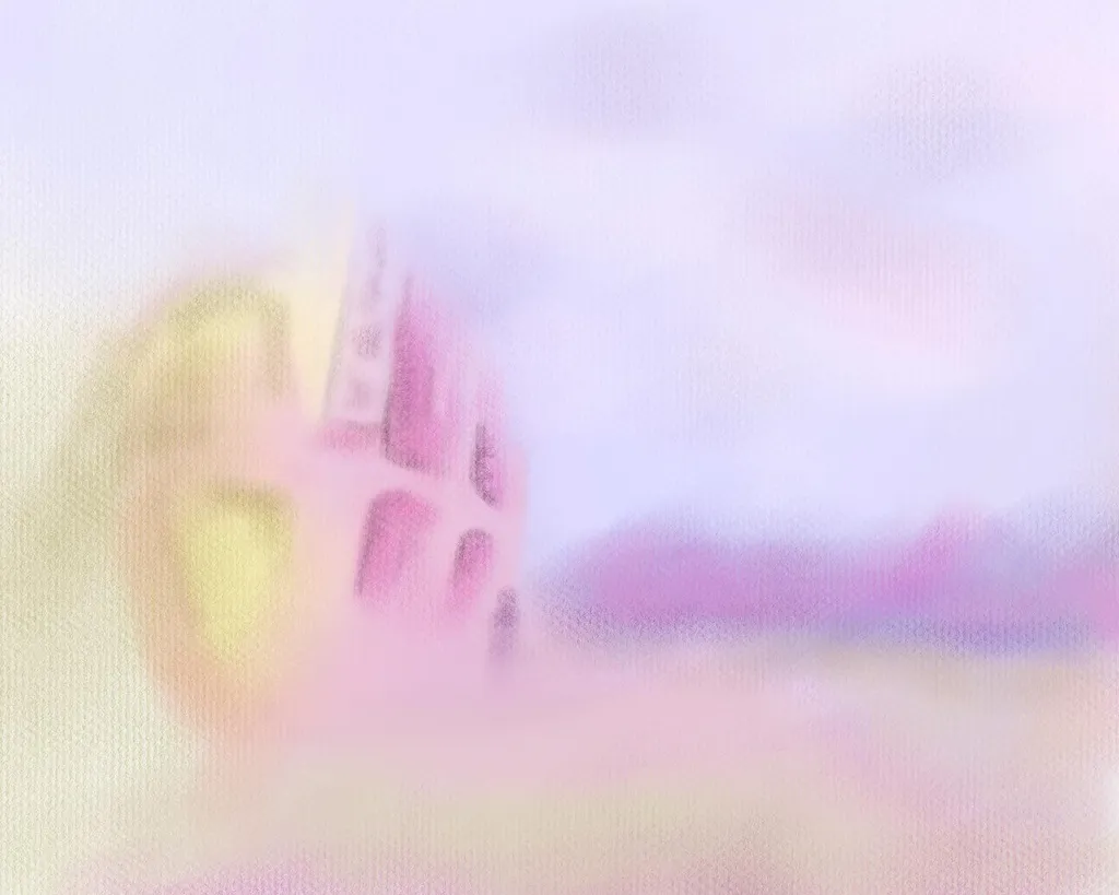 Blurred pastel abstract composition showing a pale pink and yellow structure on the left, contrasted by a hazy sky and a horizontal band of lavender color across the middle.