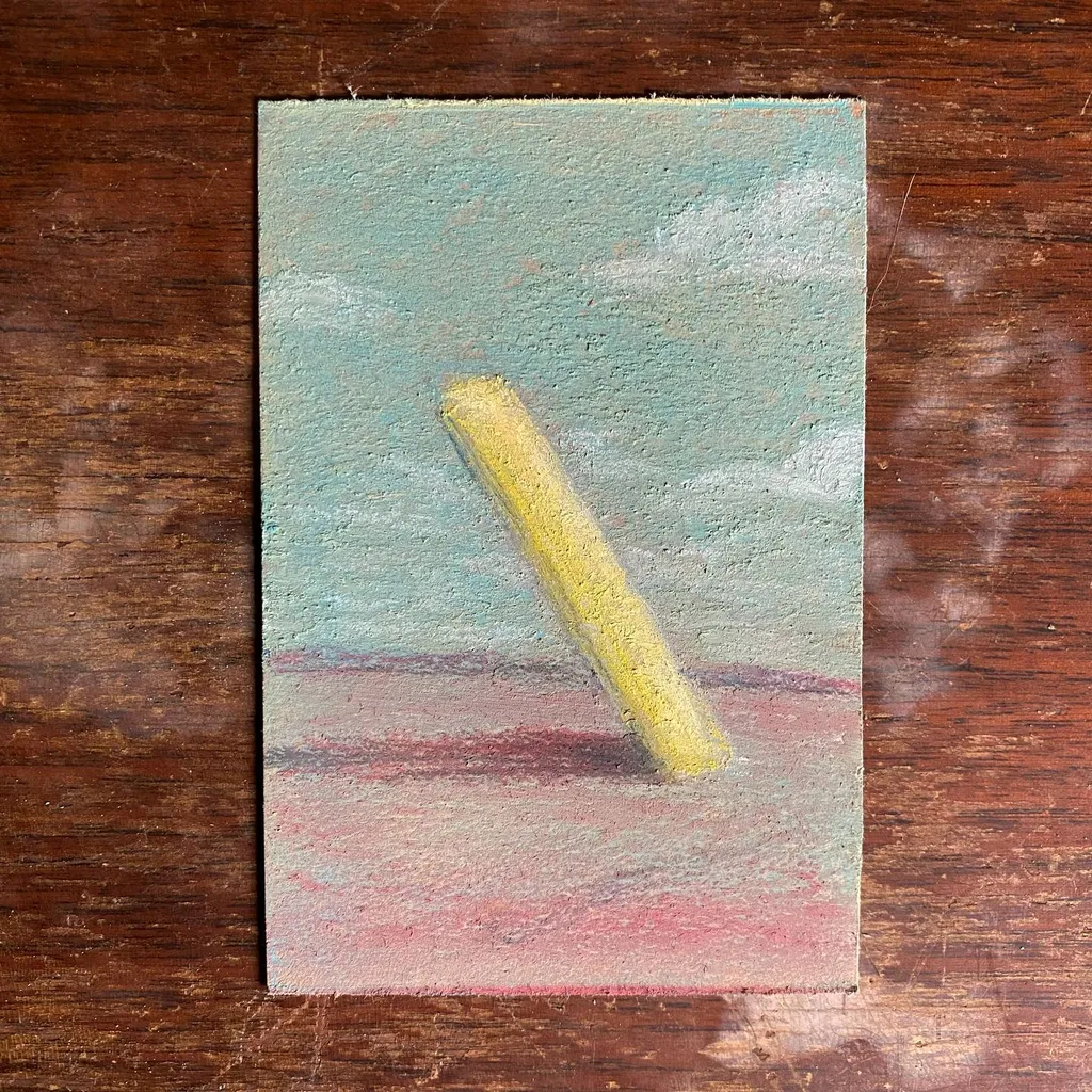 A pale yellow cylinder rests diagonally across a rectangular composition featuring horizontal bands of muted teal, soft pink, and reddish tones.