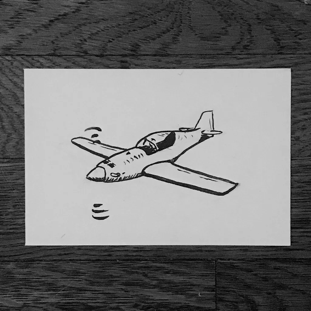 A simple black line drawing of a stylized airplane in flight, positioned horizontally on white paper, with several curved, wavy lines drawn below the fuselage.