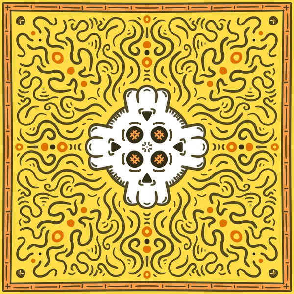A yellow square features a dense, winding maze pattern surrounding a central white skull shape, all enclosed by a thick black-bordered frame.
