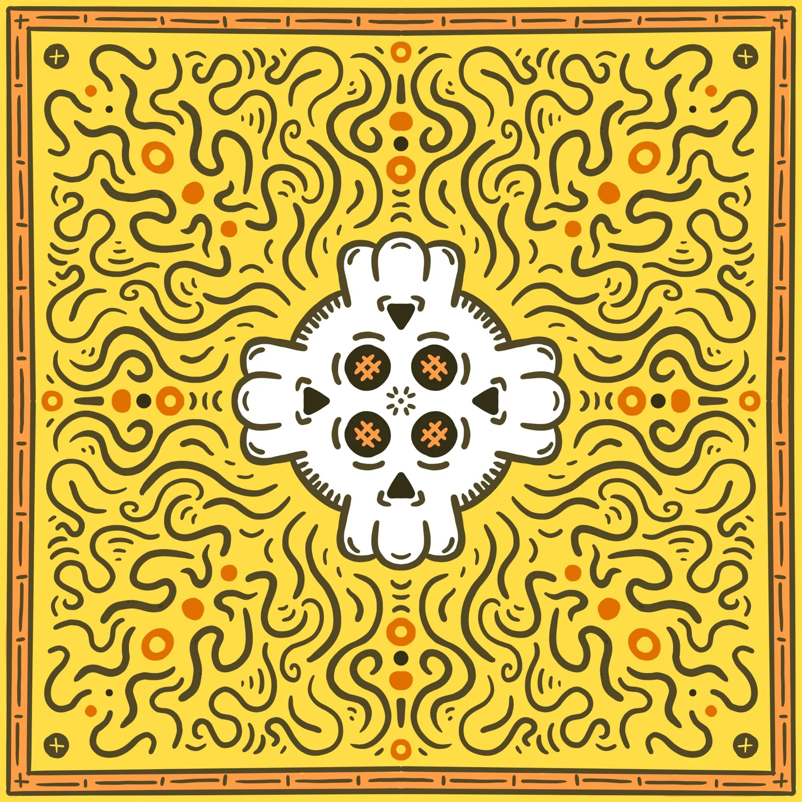 A yellow square features a dense, winding maze pattern surrounding a central white skull shape, all enclosed by a thick black-bordered frame.