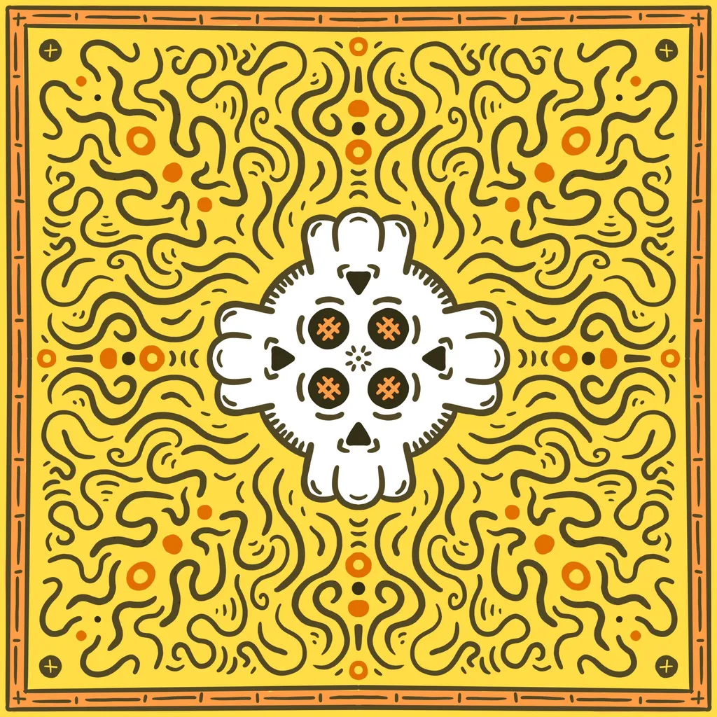 A yellow square features a dense, winding maze pattern surrounding a central white skull shape, all enclosed by a thick black-bordered frame.