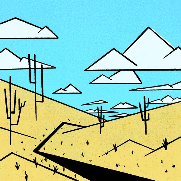 A stylized desert landscape features pale blue sky, yellow ground, and layered white mountains, defined by black outlines that frame saguaro cacti and geometric hills.