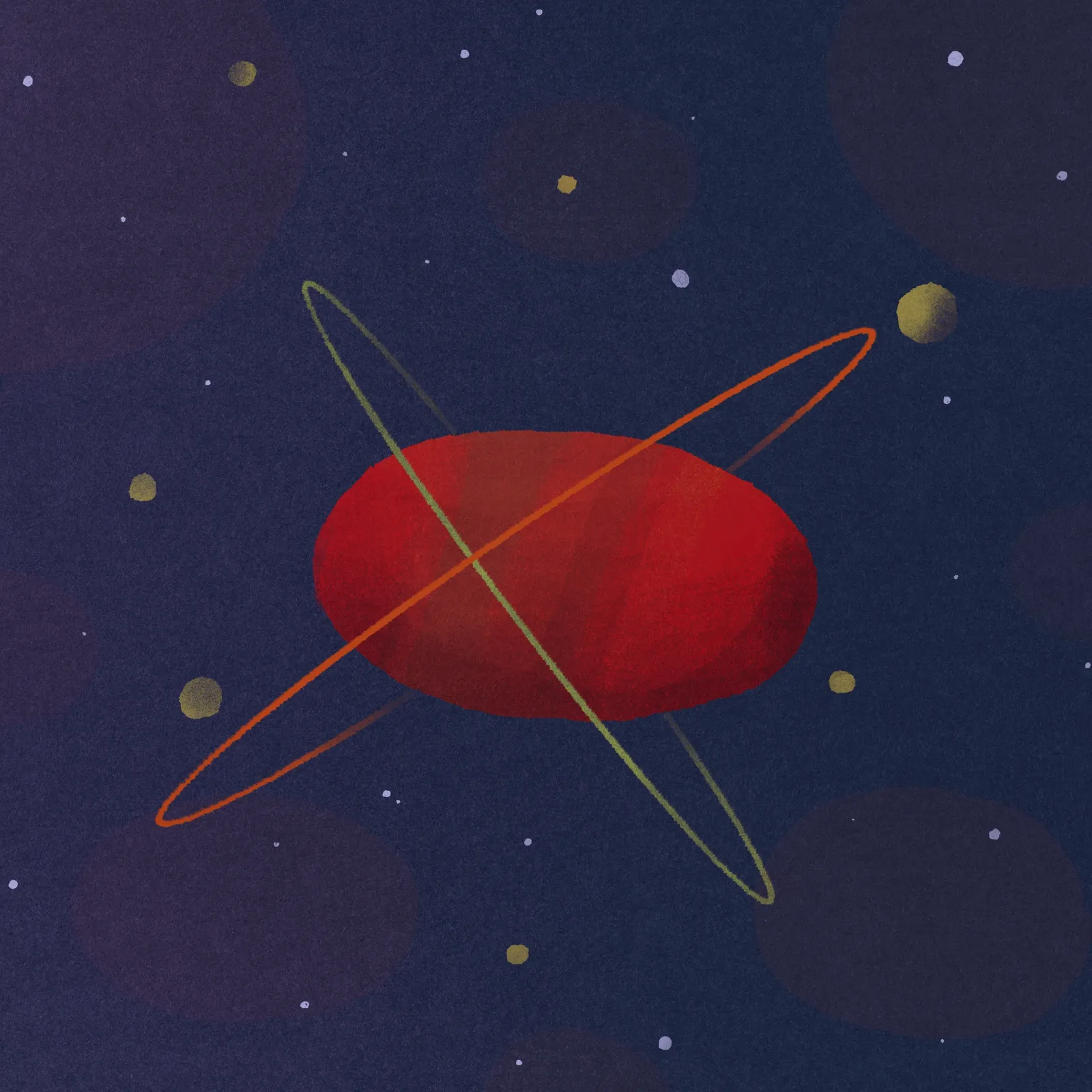 A dark indigo background holds a central red planet crossed by intersecting yellow orbits, with small scattered gold dots suggesting stars.