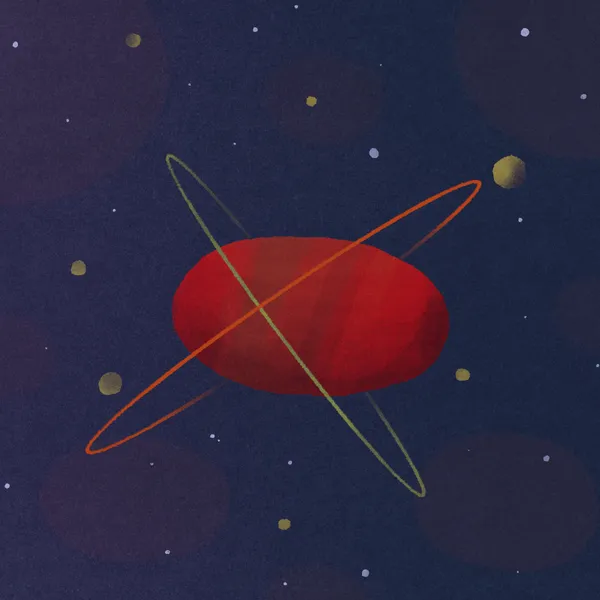 A dark indigo background holds a central red planet crossed by intersecting yellow orbits, with small scattered gold dots suggesting stars.