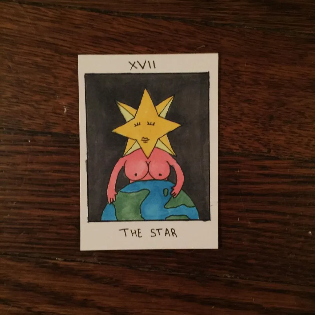 A card illustration featuring a yellow, multi-pointed star positioned above a pair of pink forms that rest on a blue and green globe, labeled XVII The Star.