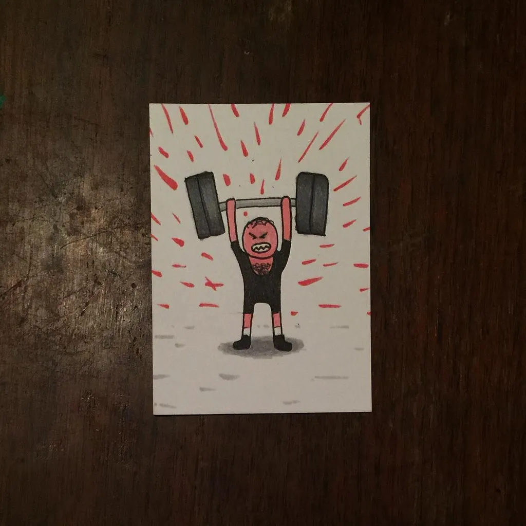 A cartoon man with an angry expression strains to lift a barbell, set against a white background marked with scattered red, jagged lines.