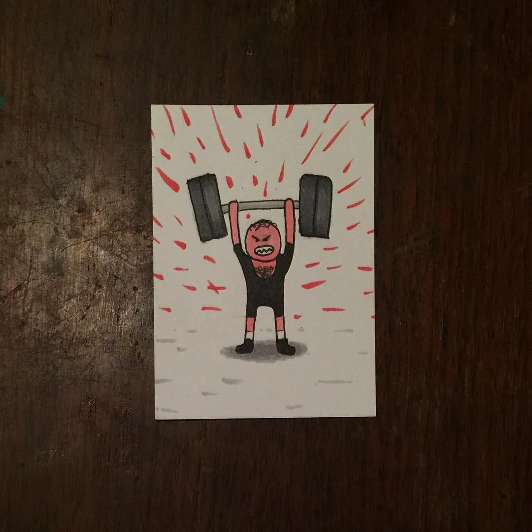 A cartoon man with an angry expression strains to lift a barbell, set against a white background marked with scattered red, jagged lines.