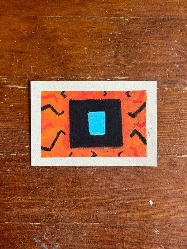 Abstract composition on white paper: an orange field covered in thick black lines frames a central black square, which holds a solid blue rectangle.