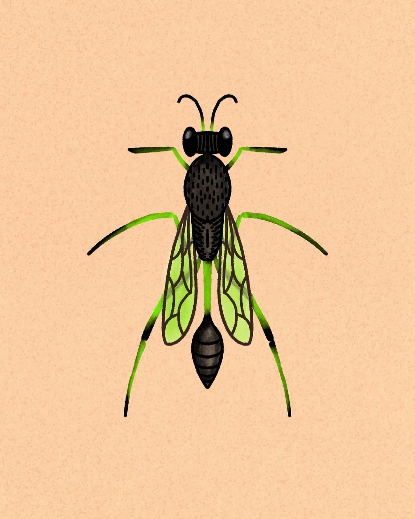 A stylized insect illustration on a beige background, featuring a black body with yellow accents, large green wings with black veins, and thin green legs.