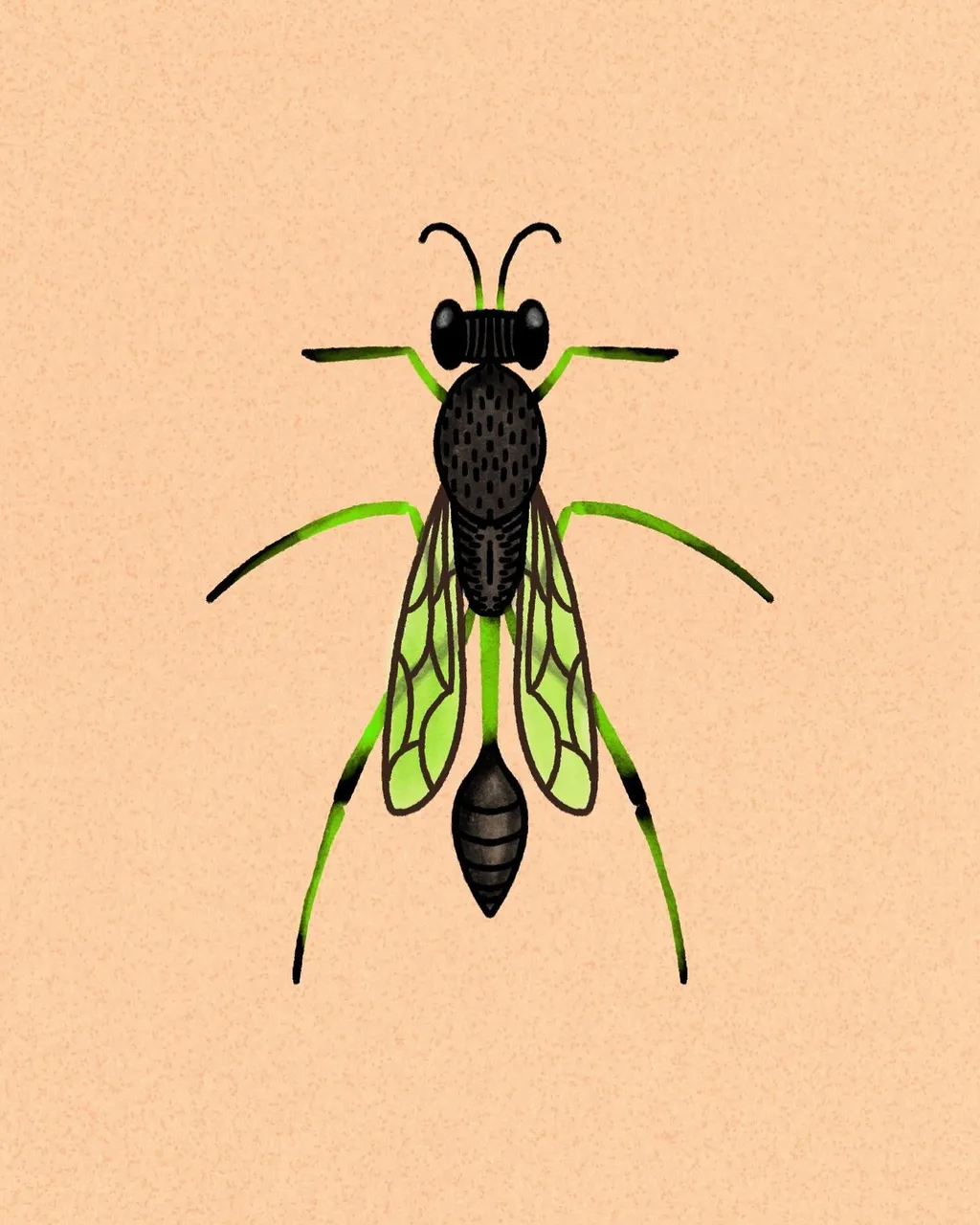A stylized insect illustration on a beige background, featuring a black body with yellow accents, large green wings with black veins, and thin green legs.