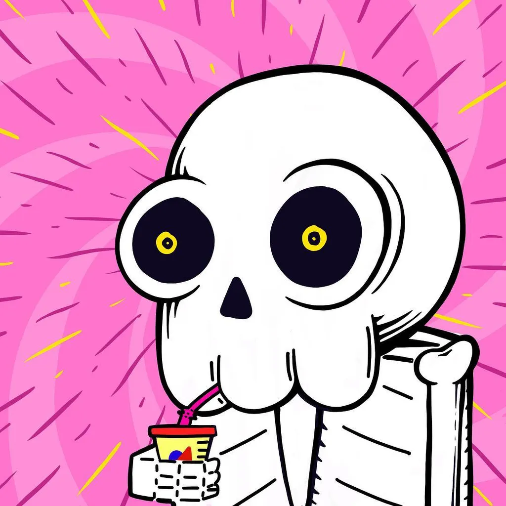 A cartoon white skull with large black eyes sits on a stack of books against a bright pink background, holding a cup and drinking through a straw.