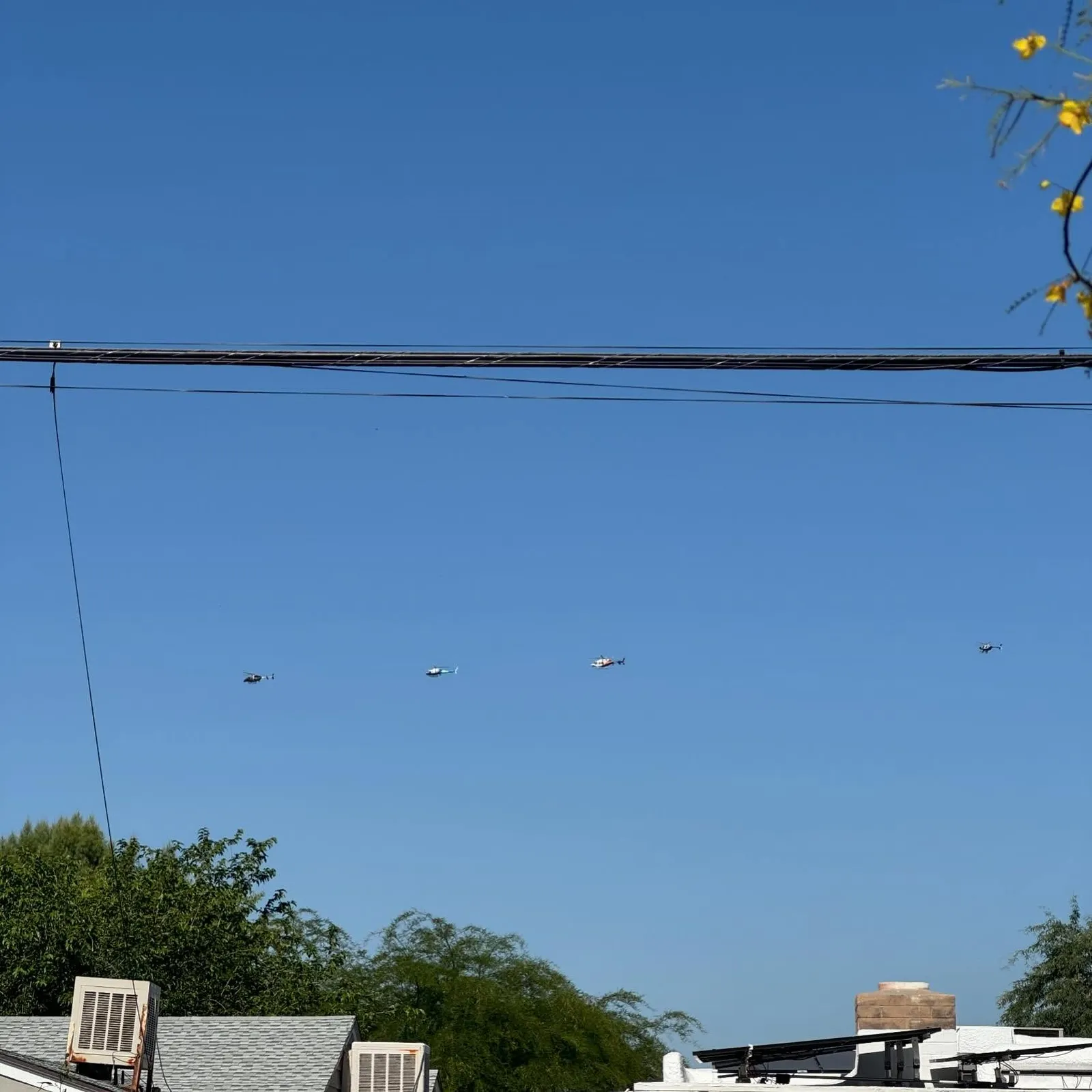A bright blue sky dominates the composition, crossed by dark horizontal wires, with small planes visible in the distance and yellow flowers framing the upper right corner.