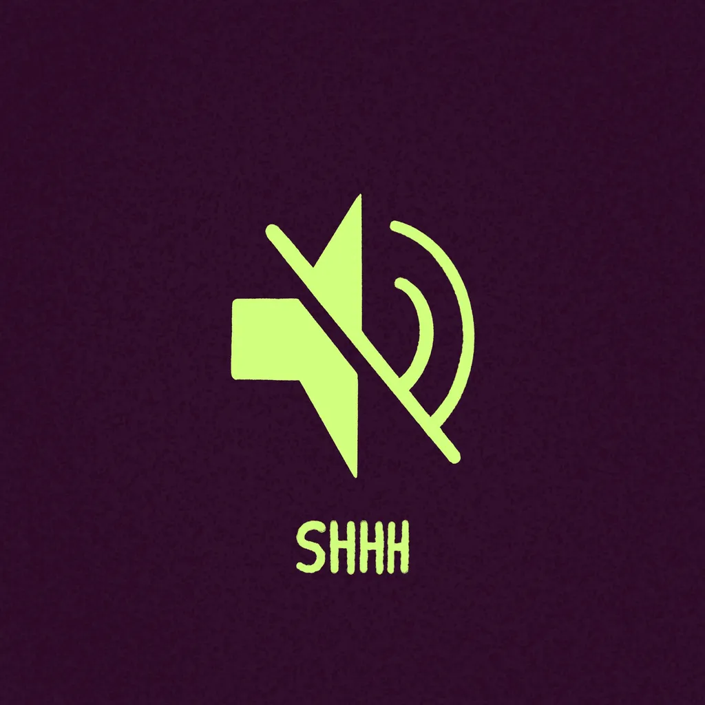 On a dark purple background, a stylized lime green graphic of a speaker and radiating sound waves is displayed above the capitalized text SHHH.