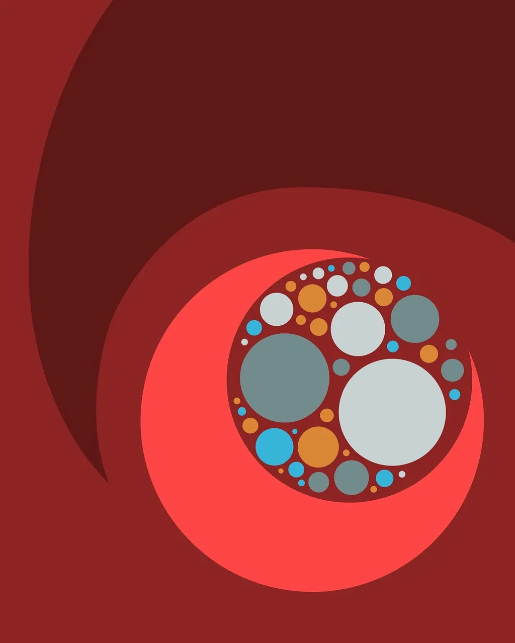 Abstract composition featuring deep maroon and coral tones, with a central cluster of overlapping circles in shades of gray, orange, and red.