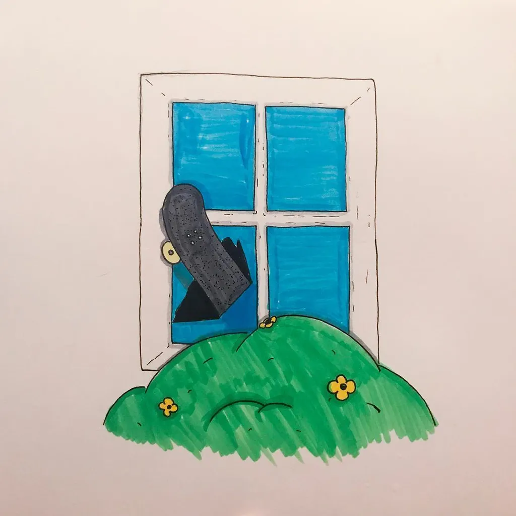 A drawing shows a white-framed window with bright blue panes above a patch of green grass dotted with yellow flowers, and a dark, curved object partially visible in the left window.