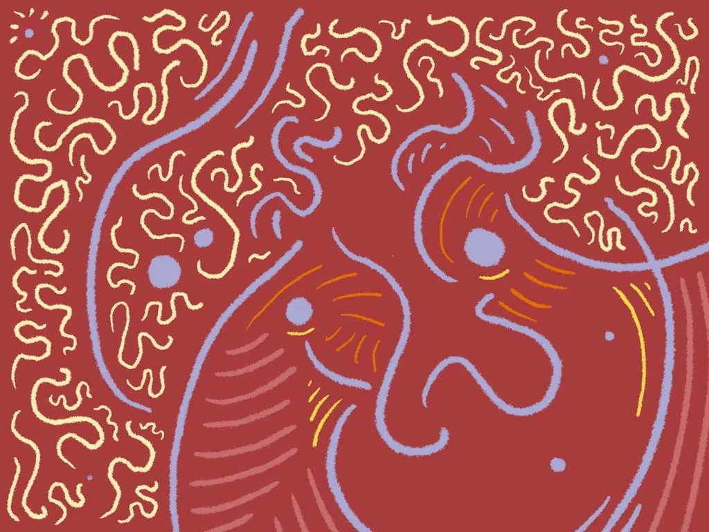 Stylized faces in red and orange emerge from a dense field of swirling yellow and white lines against a reddish-brown background, punctuated by small blue circular marks.