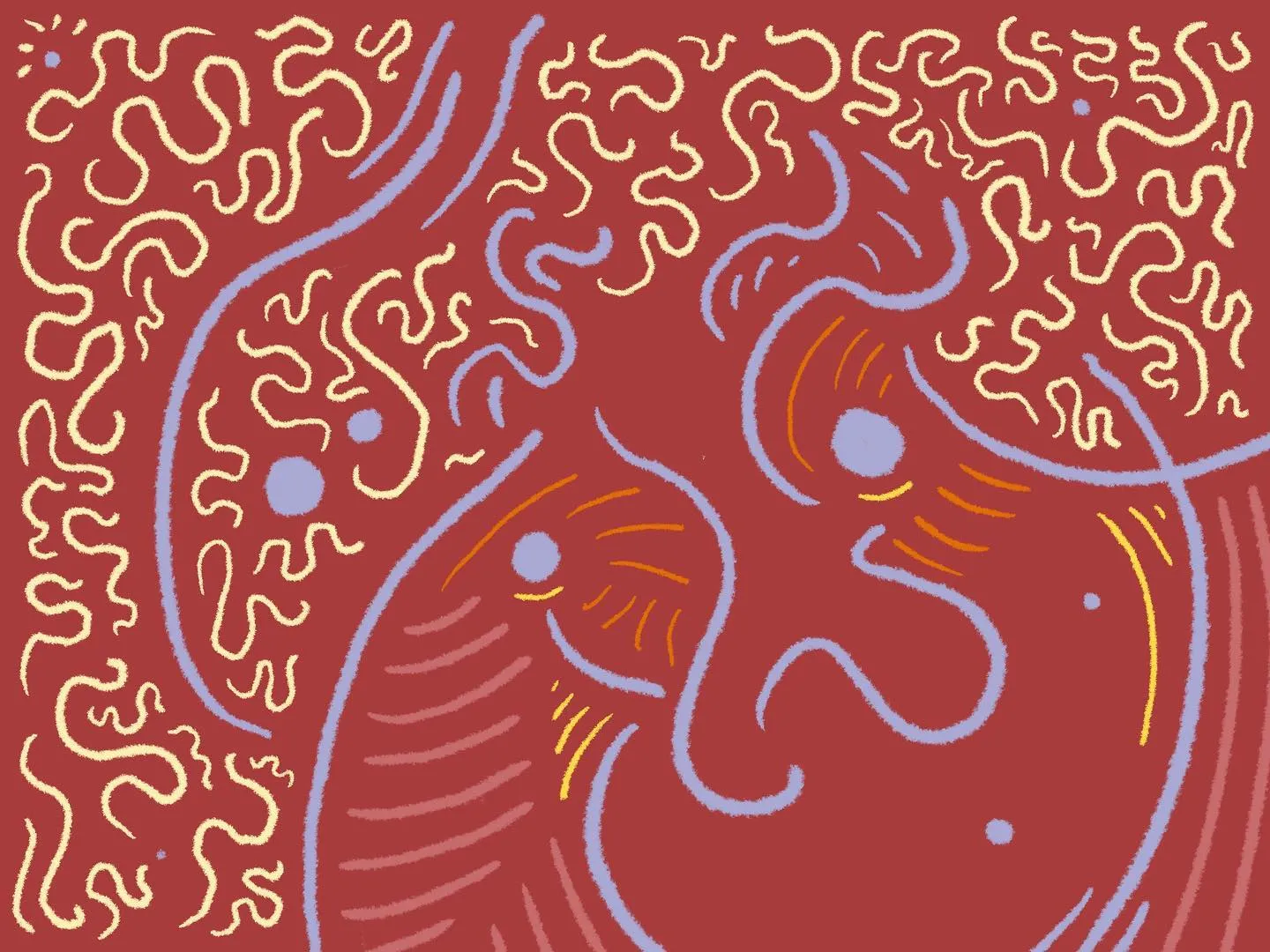 Stylized faces in red and orange emerge from a dense field of swirling yellow and white lines against a reddish-brown background, punctuated by small blue circular marks.