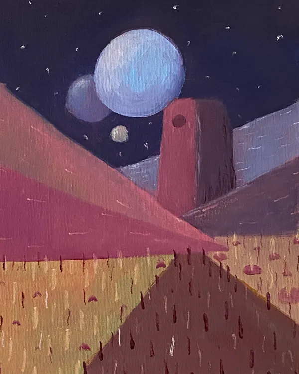 Sloping planes of reddish and brown earth meet a dark night sky containing stars and large blue planets, framed by two vertical reddish structures.