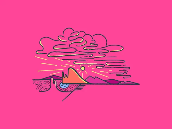 A stylized sunset over purple mountains and water, set against a bright pink background, features scribbled yellow and orange lines forming clouds and centered around a small sun.