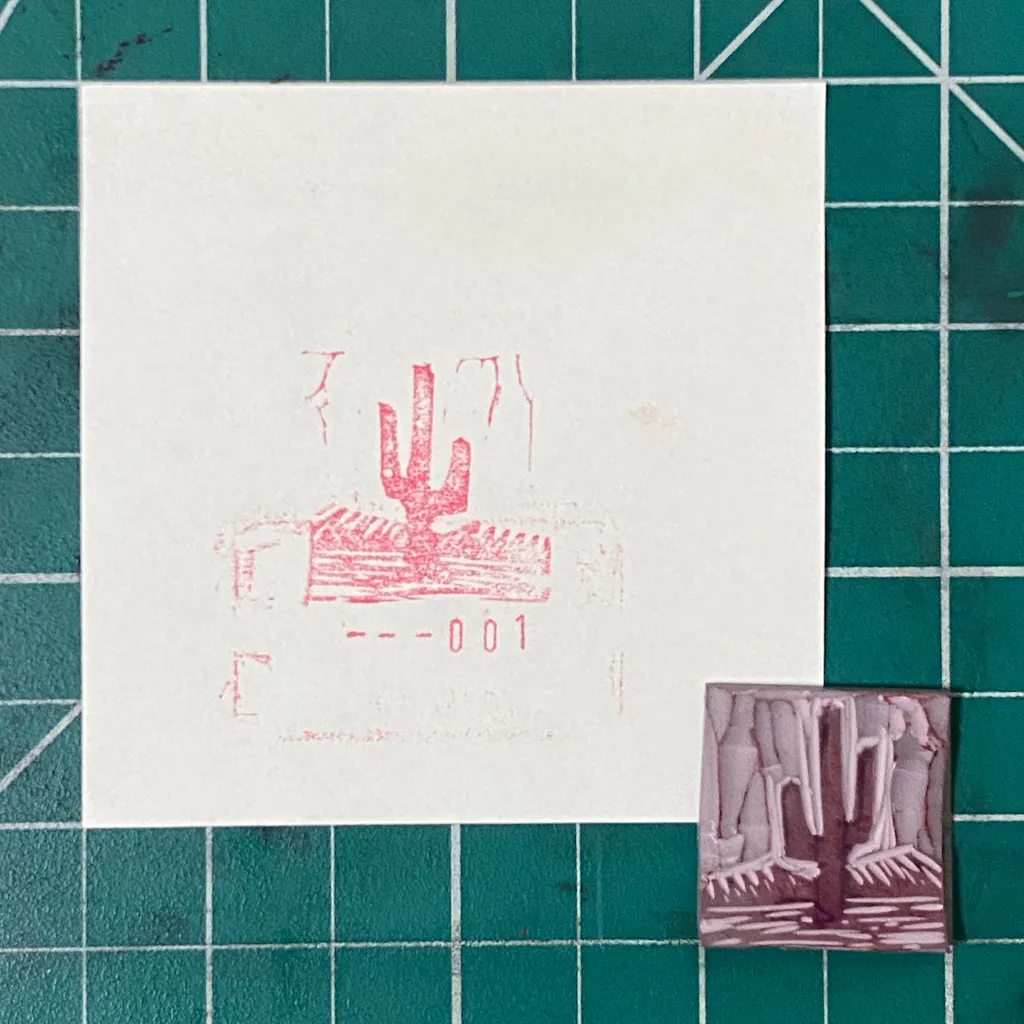 A large white square on a teal grid holds a reddish-pink drawing of a saguaro cactus and the number -001, next to a smaller square featuring stylized trees.