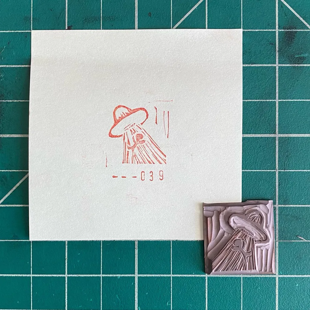 On a white card, a red line drawing of a figure in a hat and the number --039 sits above a teal grid; a small, textured plaque of the figure rests below and to the right.