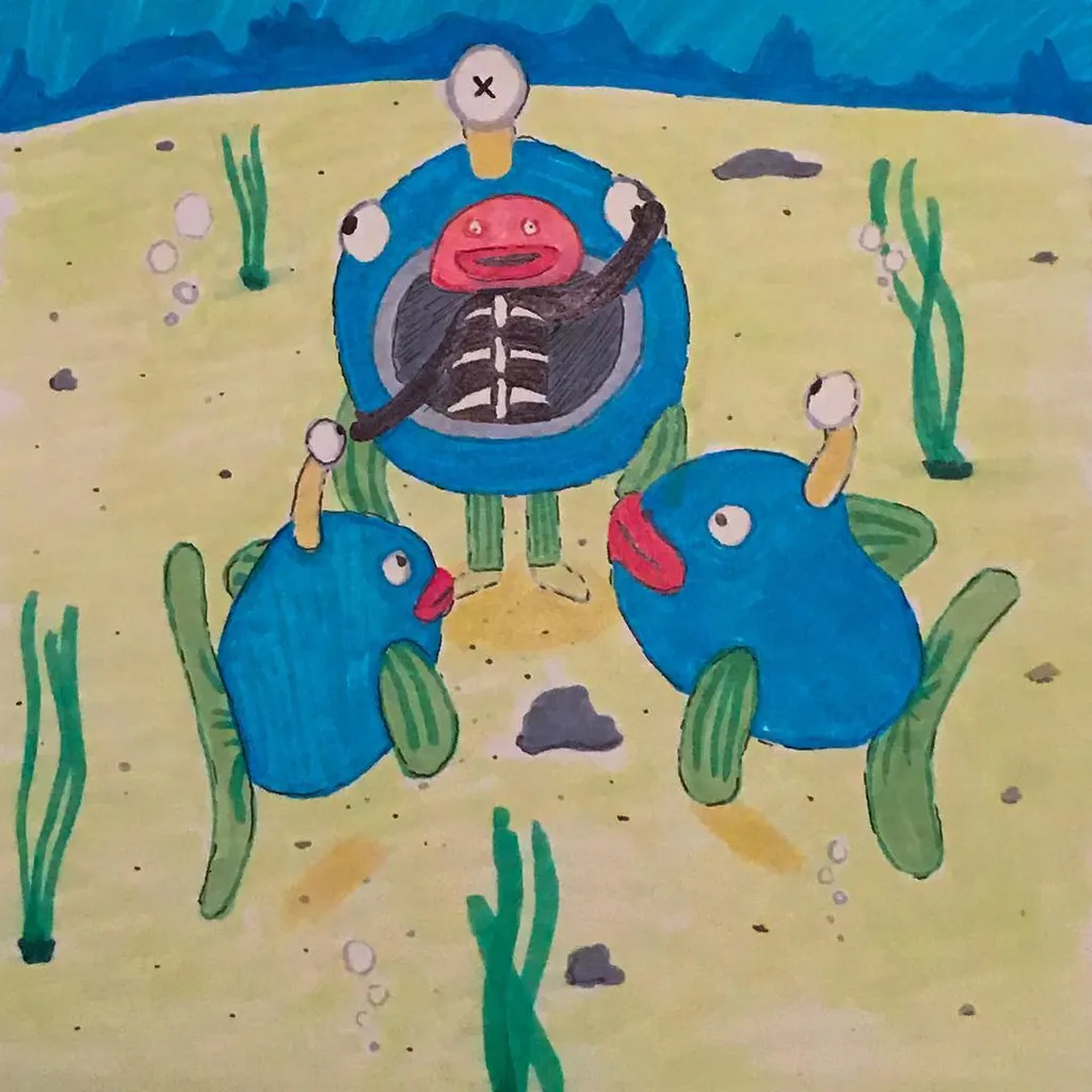 Three cartoon blue sea creatures, one large central figure with a red face, stand on a sandy bottom scattered with rocks and green seaweed stalks.