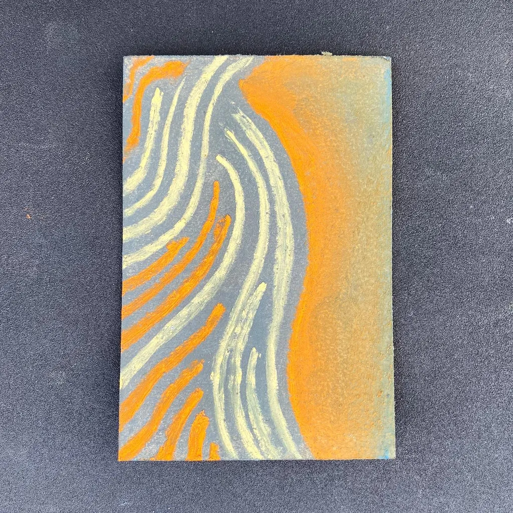 A vertical abstract composition featuring thick, wavy gray lines on the left, flowing into a smooth, warm orange and yellow gradient on the right.