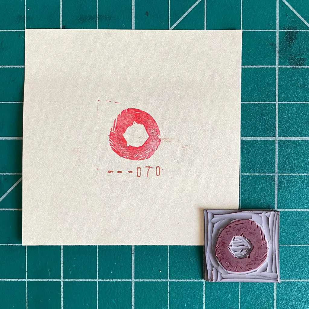 A cream paper on a teal grid displays a red circle and the numbers --070, next to a small, textured square featuring a central reddish-pink circle with radiating lines.