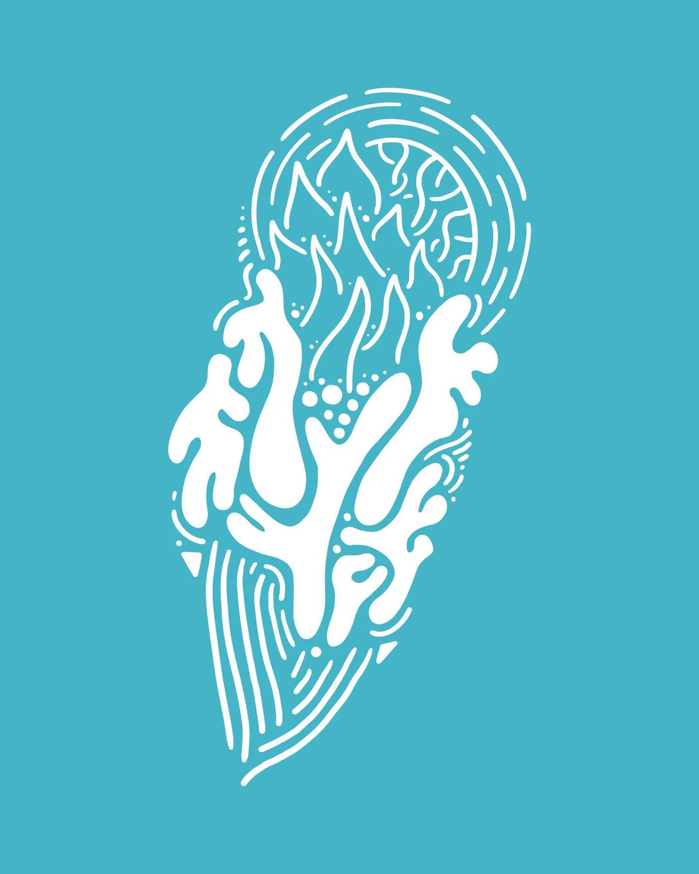 A white, stylized vertical composition on a teal background, featuring abstract coral shapes, concentric circles, and dense parallel lines suggesting a natural, layered scene.