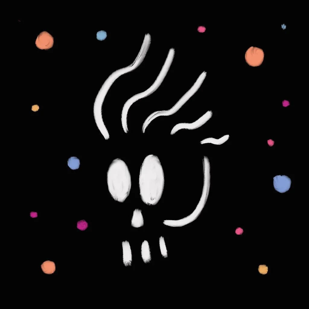 A white, stylized skull face with wavy lines for hair and teeth is centered on black, surrounded by scattered bright colored dots in orange, blue, and pink.