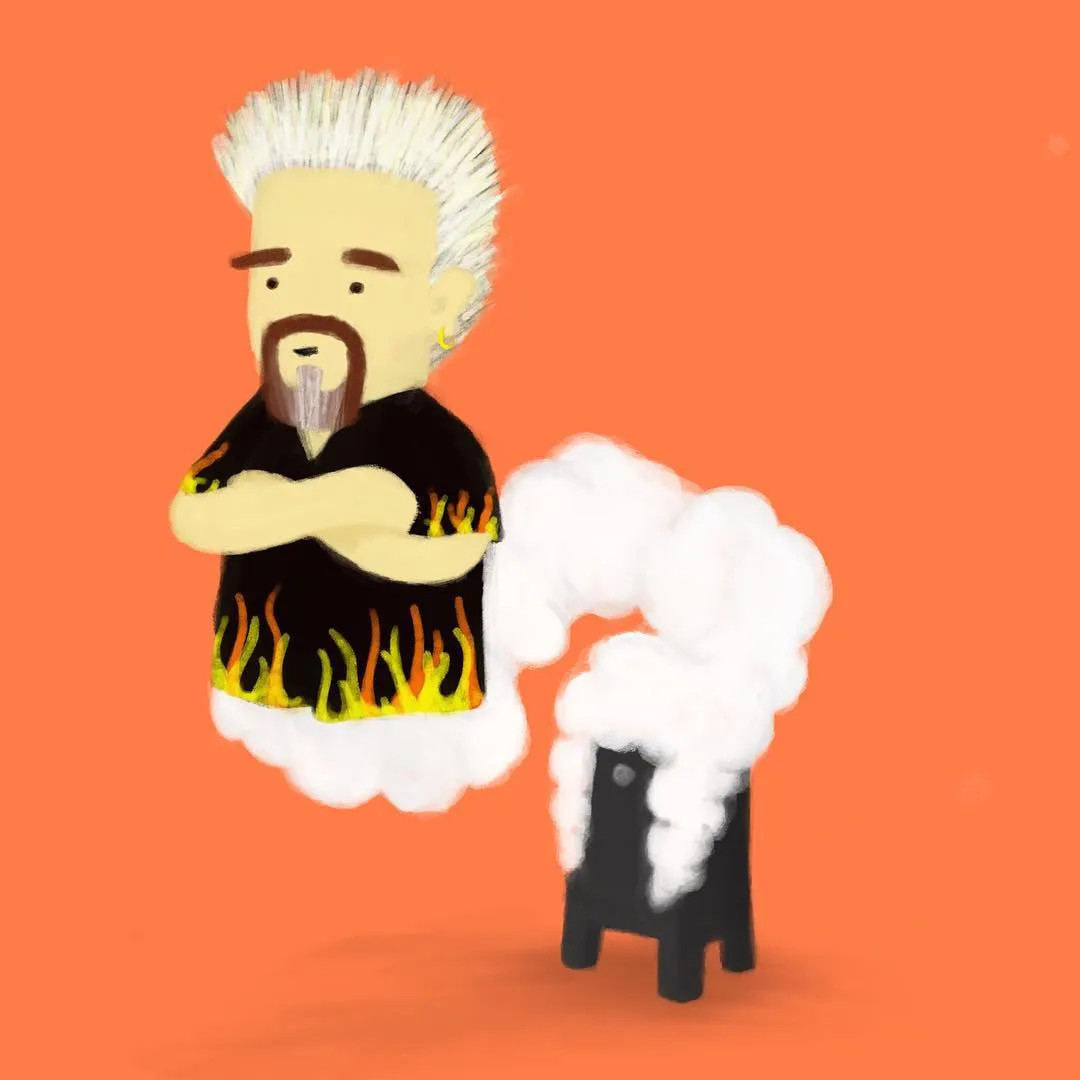 A cartoon man with white hair and a black, flaming shirt stands on the left against an orange background, next to a black pedestal from which white smoke rises.