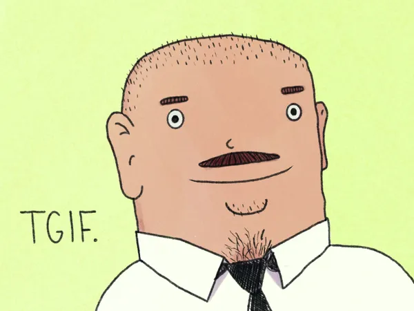 The drawing shows a bald man with a slight smile, wearing a white shirt and black tie, centered against a light green background. The text TGIF is visible in the lower left corner and above the man's head.