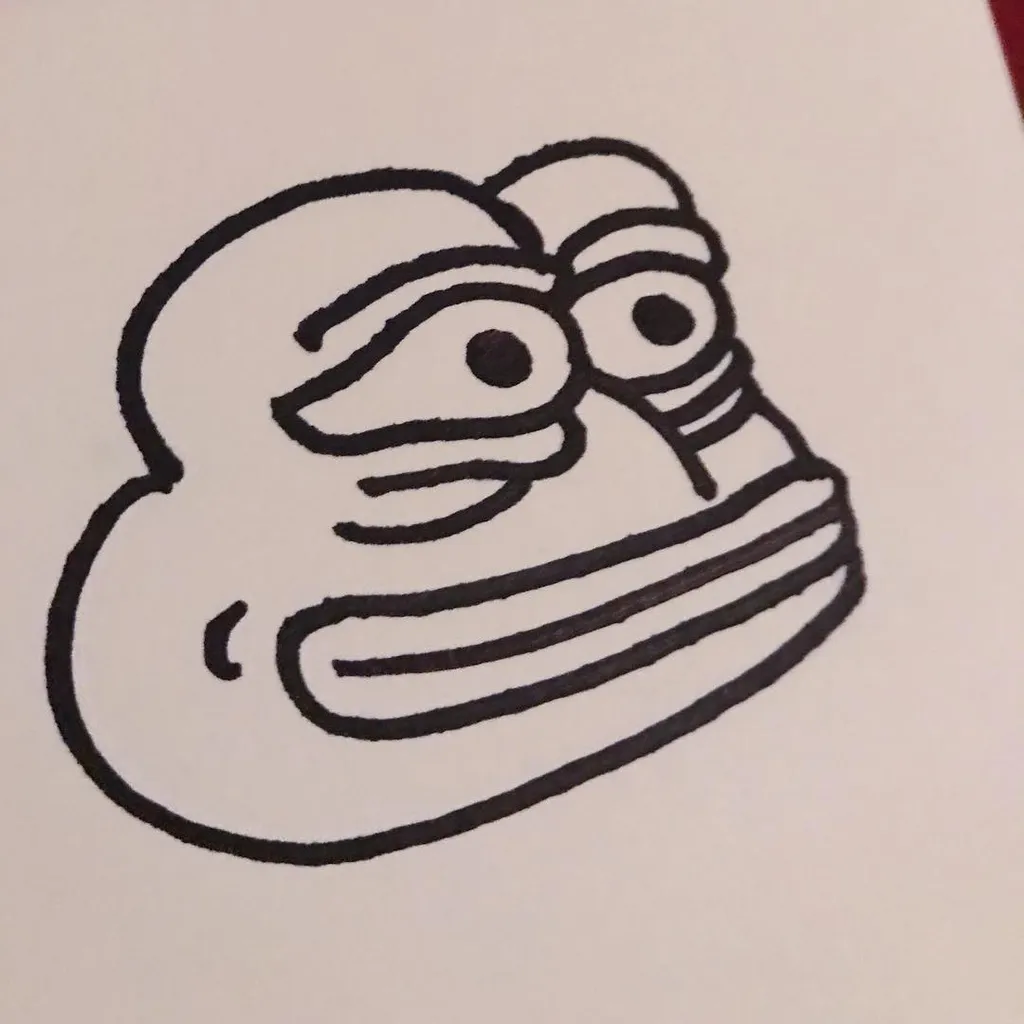 A black and white drawing of a stylized, cartoonish face with large eyes, prominent brows, and horizontal lines suggesting a mouth or snout.