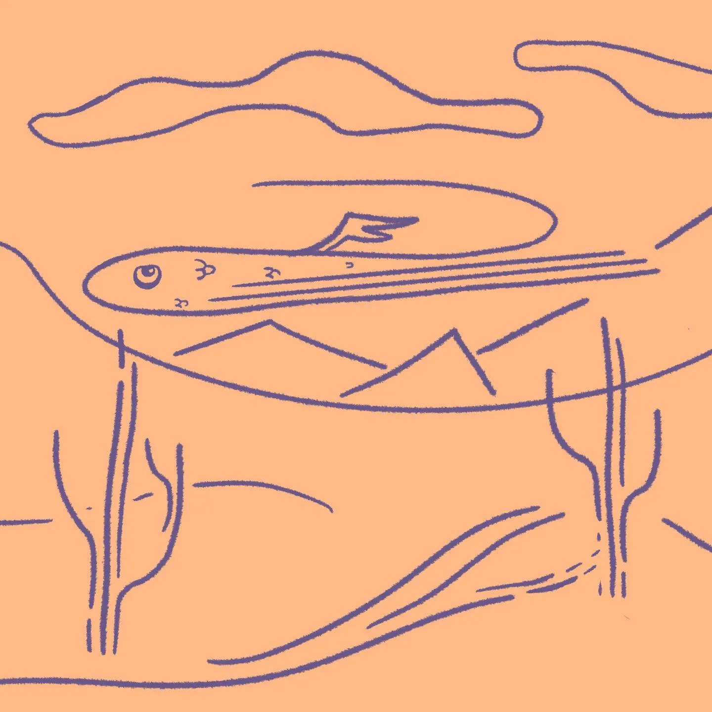 Blue line drawing on orange background depicts a stylized fish swimming across a landscape of hills and trees, framed by wavy lines.