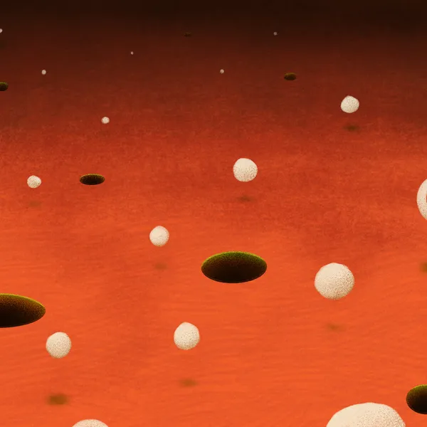 Scattered white spheres and dark green ovals float against a textured, deep orange background, creating a sense of suspended, abstract depth.