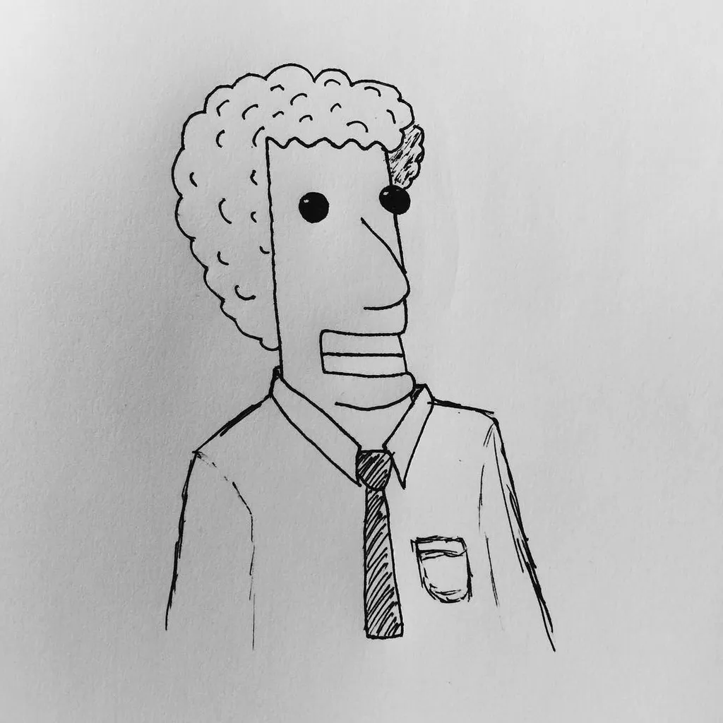 Sketch of a stylized man with curly hair, a large nose, and a wide smile, depicted from the chest up, wearing a striped tie and collared shirt.