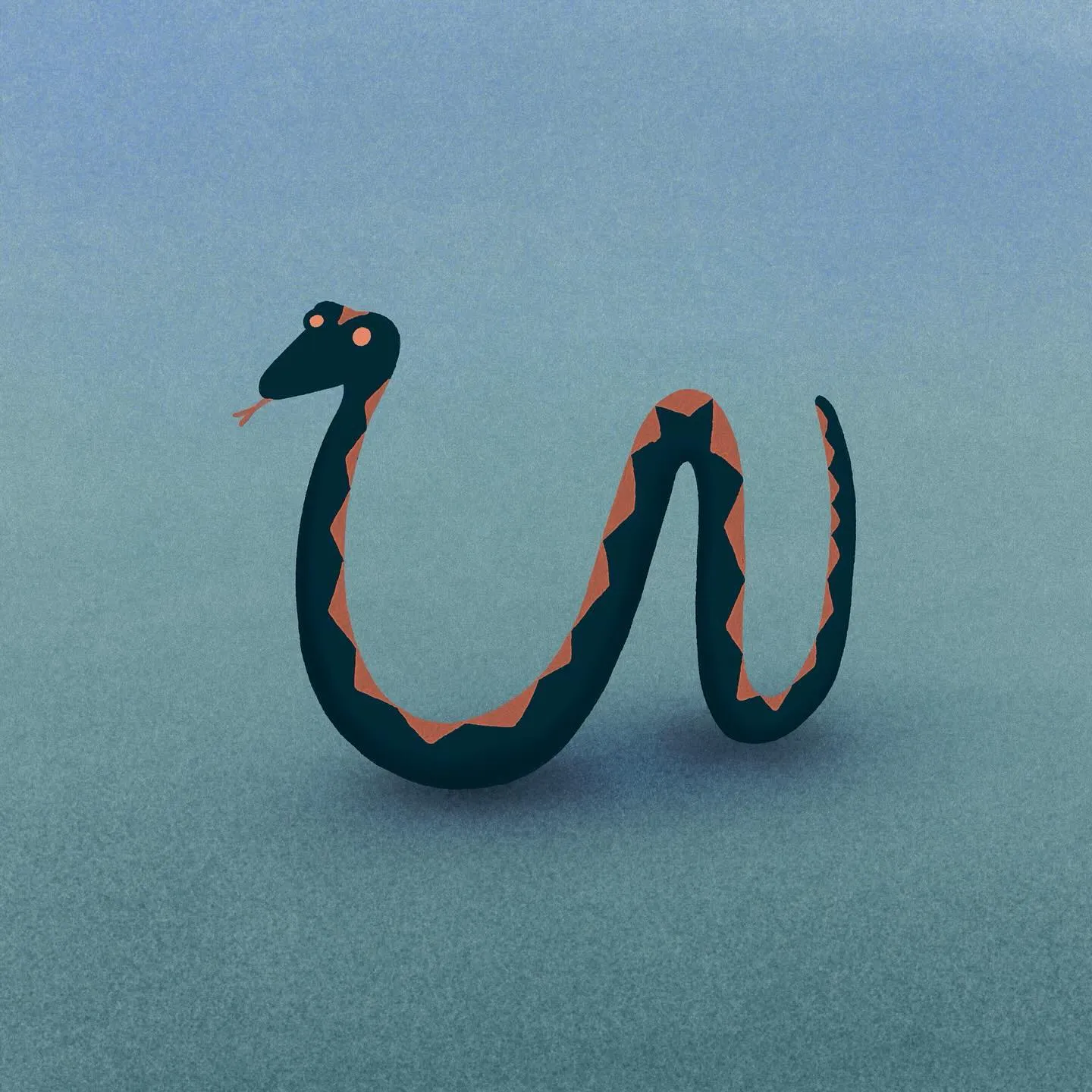 A graphic illustration of a black snake with bright orange bands, coiled in the center against a uniform slate blue background.