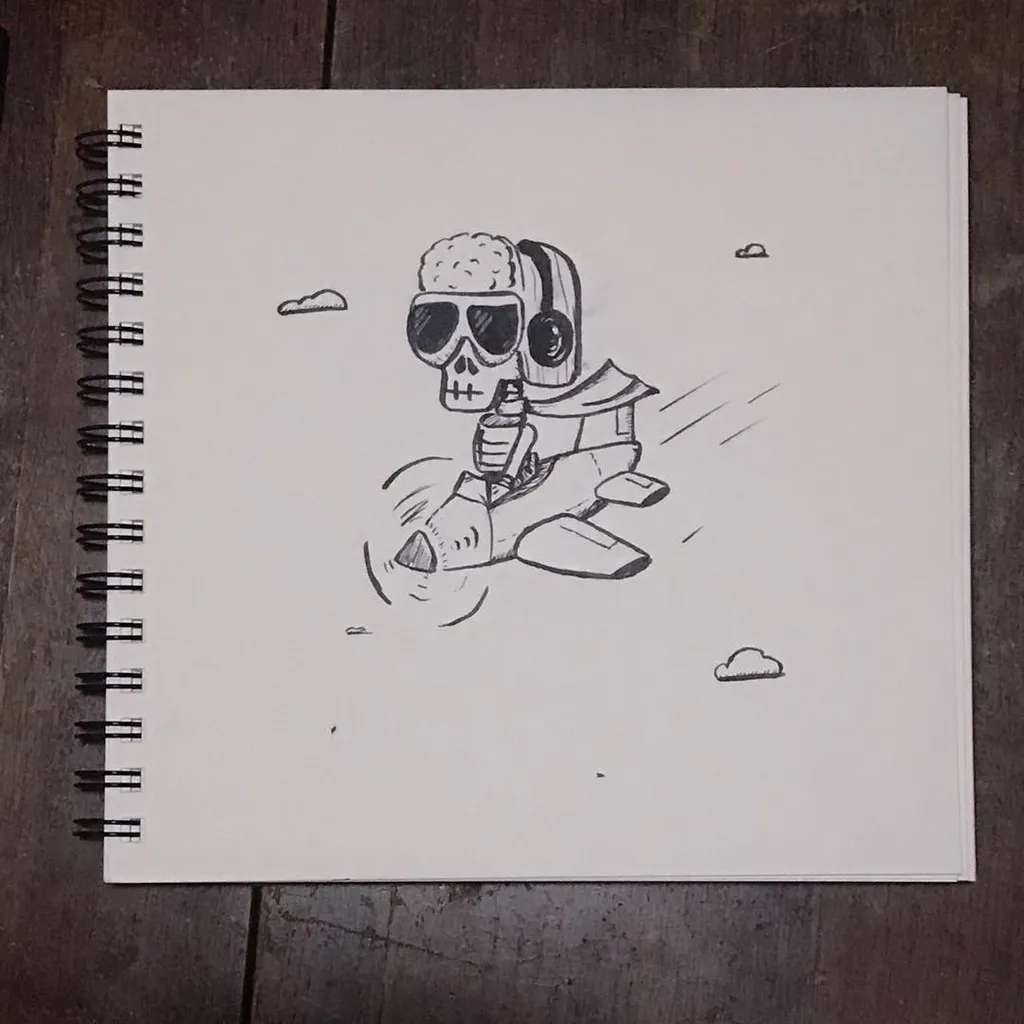 Black ink sketch on white paper depicts a cartoon pilot flying a stylized aircraft, holding a bottle, with several small cloud shapes scattered around the figure.