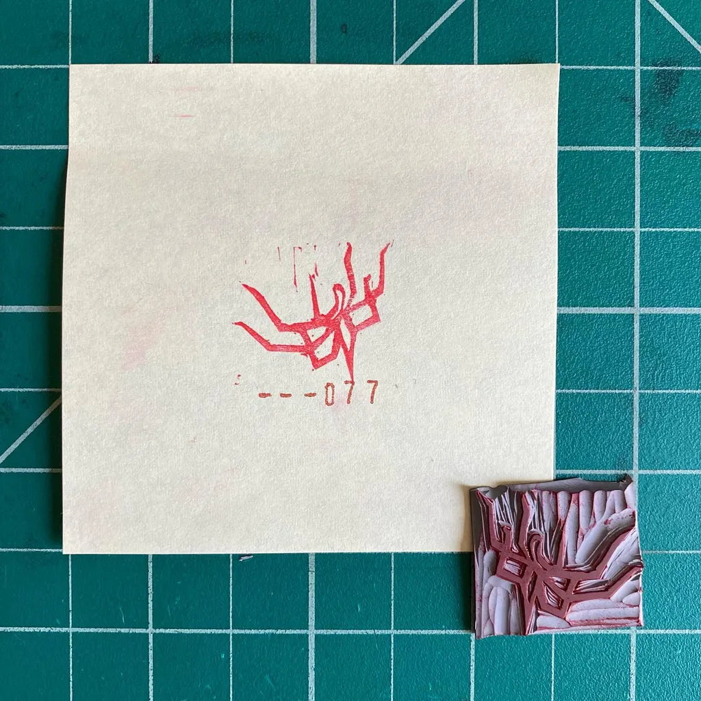 On a teal grid, a cream paper displays a red abstract symbol and the number --077, next to a small, layered object featuring intricate white and reddish-brown textures.