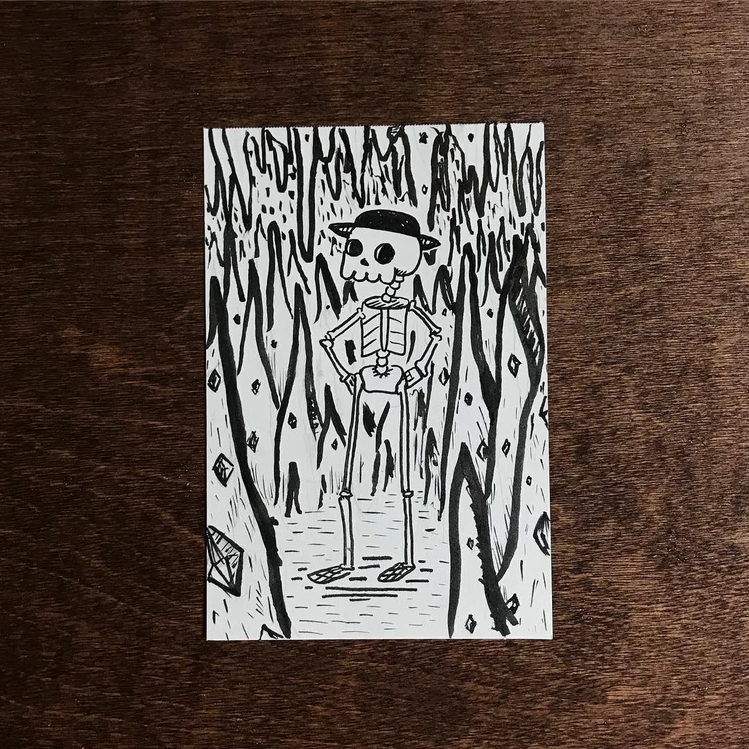 Black and white line drawing of a skeleton in a hat standing in a path, framed by dense, abstract, jagged black markings suggesting a wooded environment.