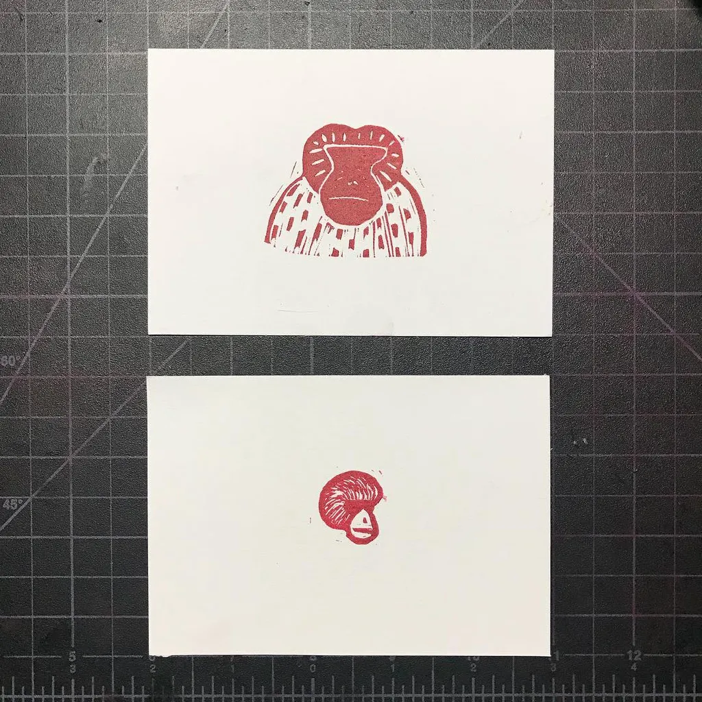 Two red ink drawings of stylized primate faces are presented on white paper, stacked vertically on a grid background. The top drawing is larger and patterned, and the bottom drawing is smaller and solid.