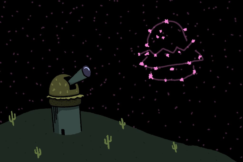 An observatory in the shape of a burger on a hill covered in cacti with a burger constellation in the star filled sky.