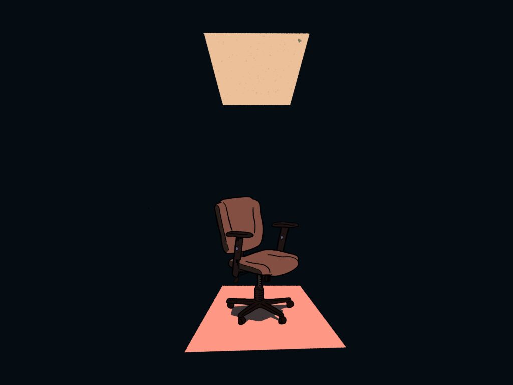 An office chair underneath a fluorescent light.