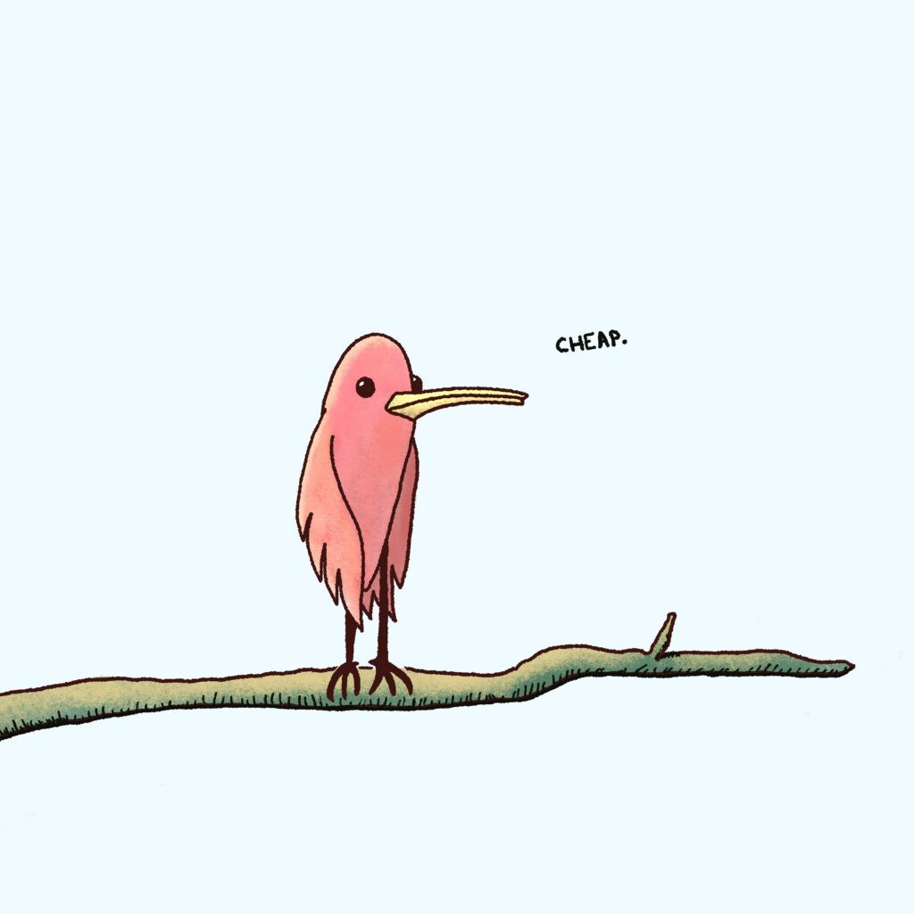 a lil red bird on a branch saying, "cheap"